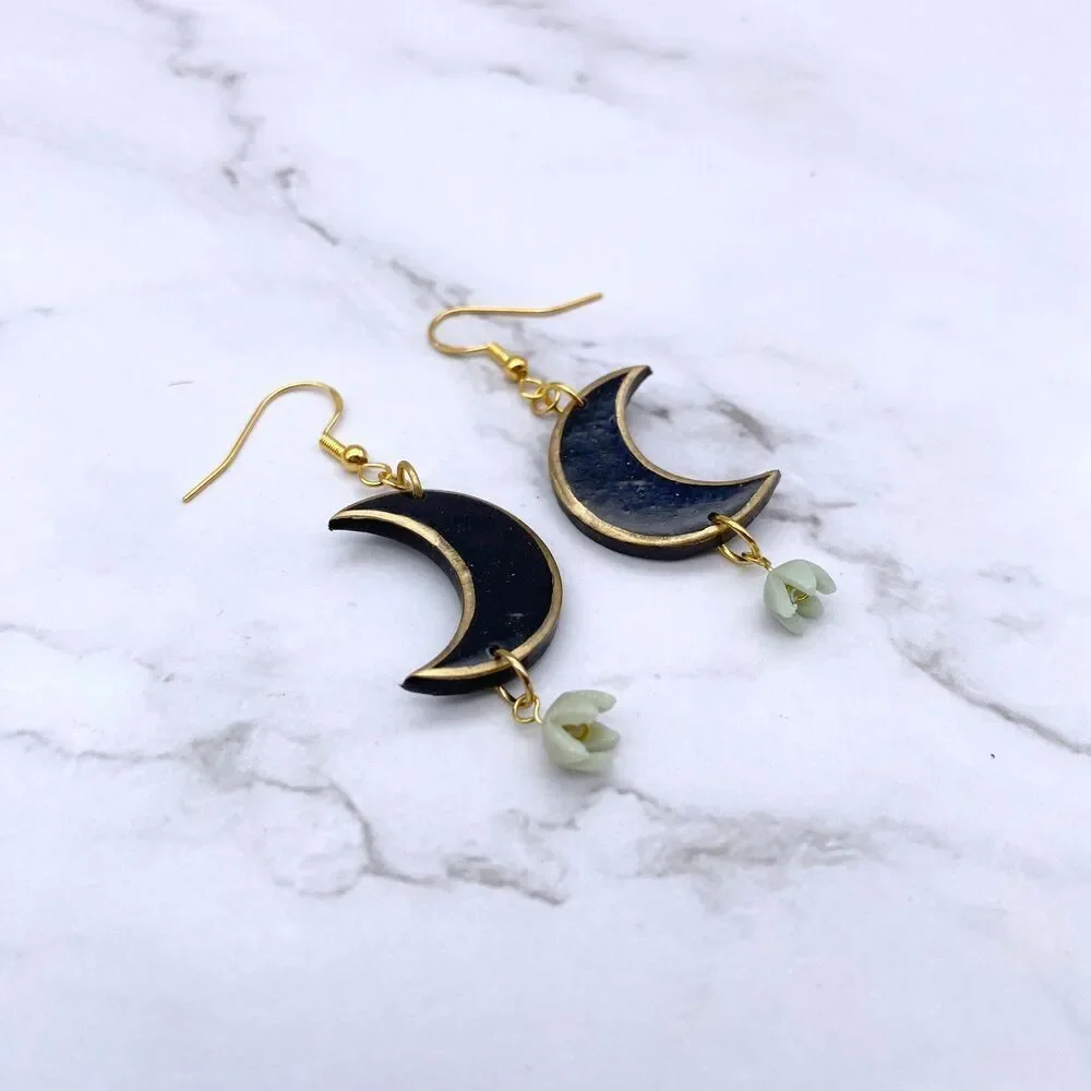 Black Moon Lily of the Valley Dangle Earrings